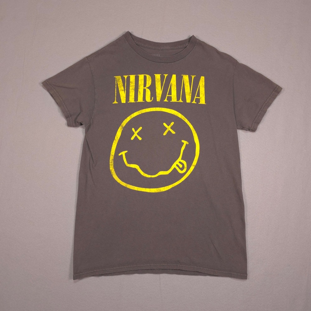 Nirvana Smiley Face Graphic T-Shirt Gray Cotton Band Tee Small